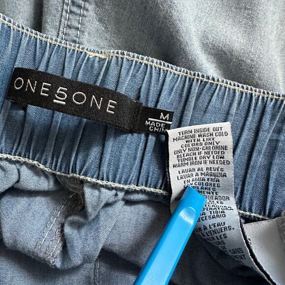 Chambray Denim Pants Medium Light Blue Belted Wide Leg Cropped Beachy Coastal - Picture 9 of 11